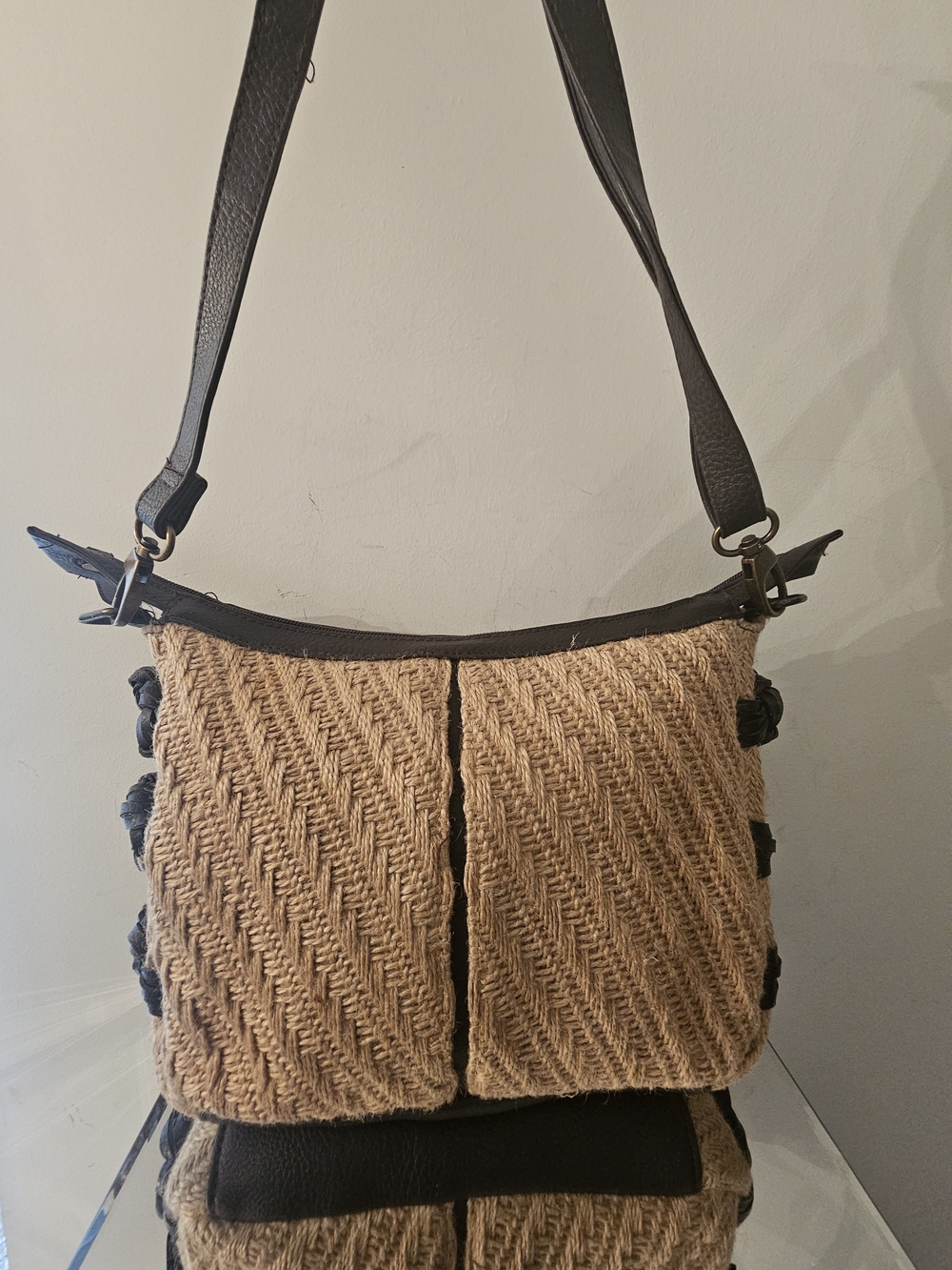 Braciano Vintage  Woven Straw Shoulder Bag with Dark Brown Trim
